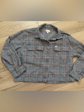 Brixton Bowery Houndstooth Plaid Crop Flannel Shacket Organic Large